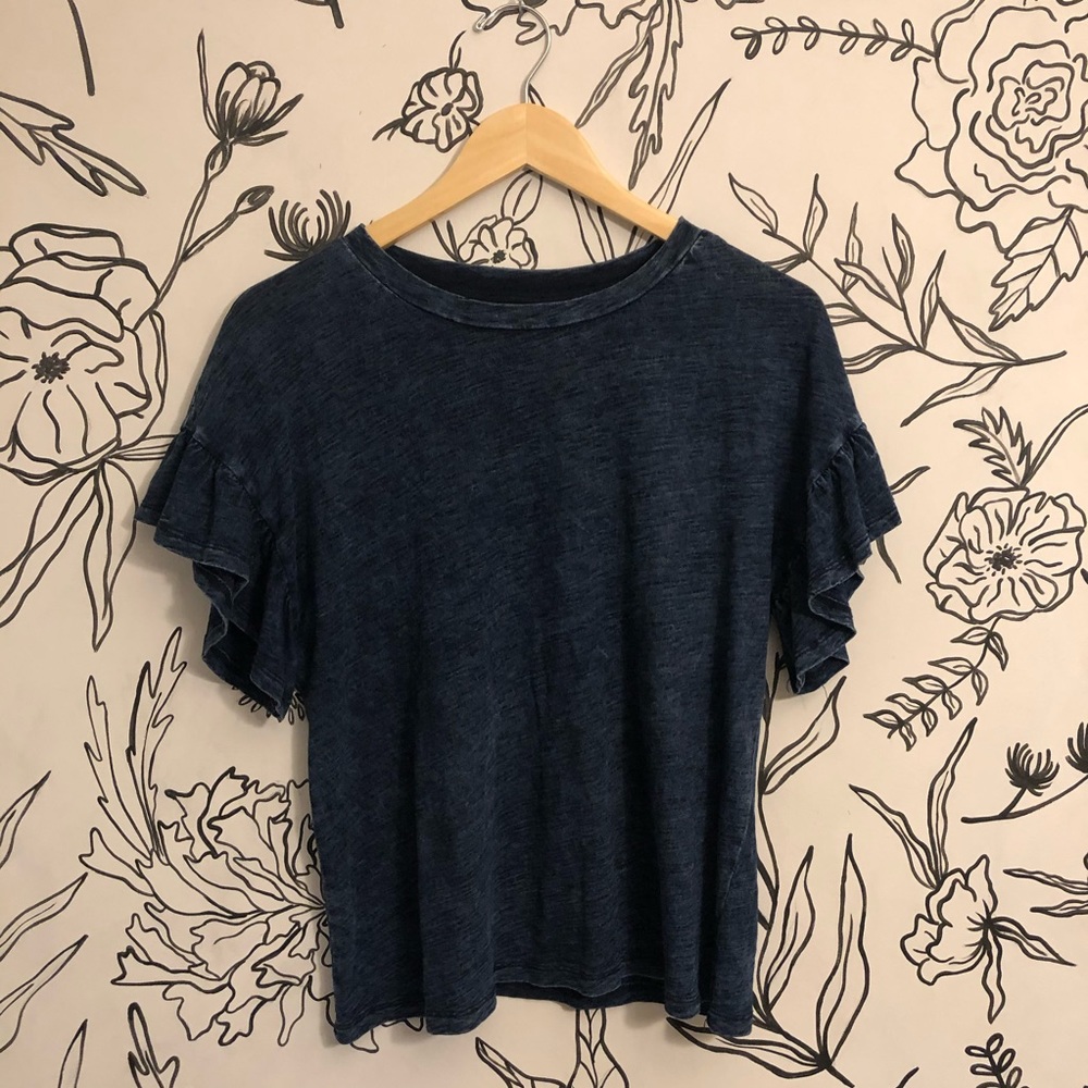 ✨ Blue Tee with Ruffle Sleeves SLIGHT Acid Wash